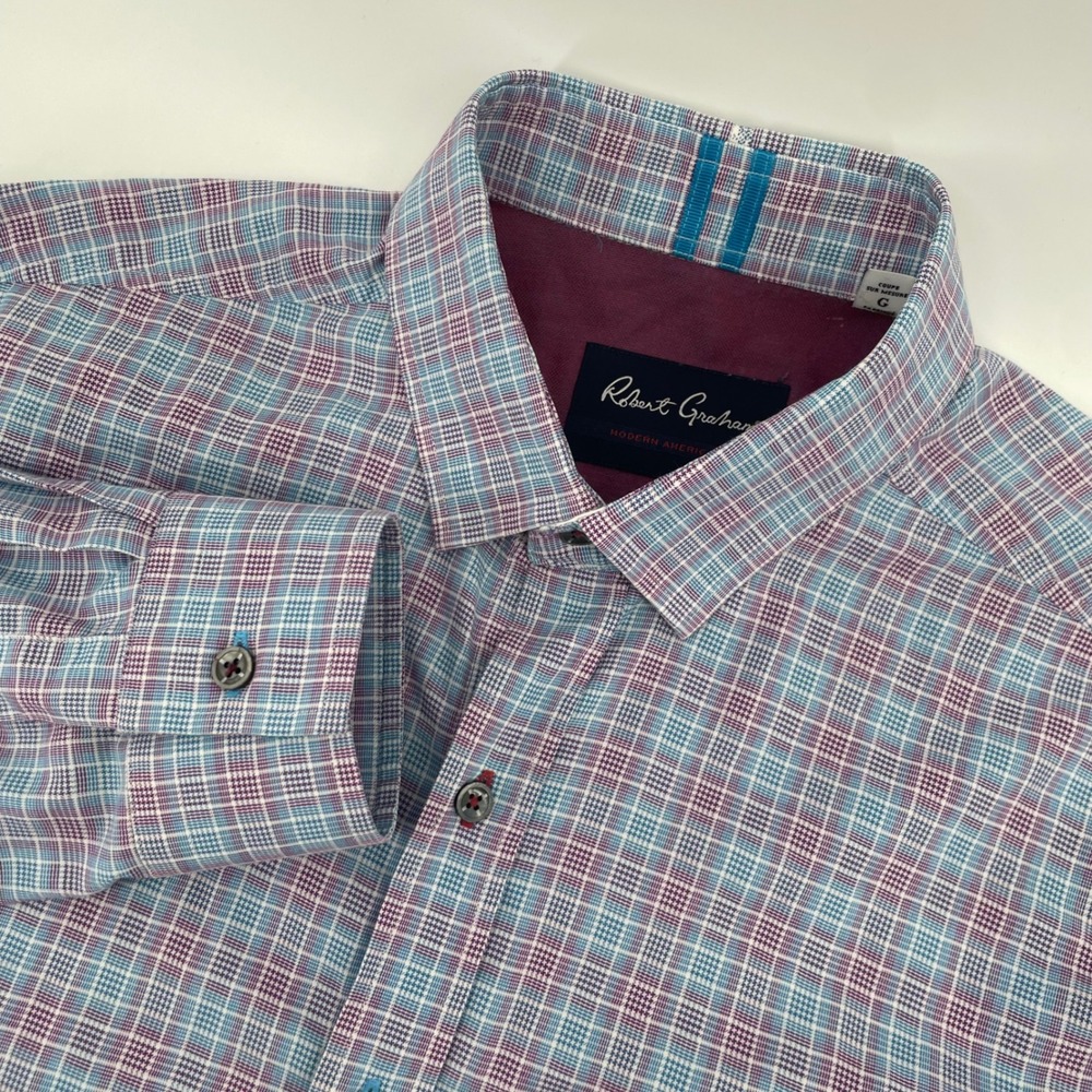 Robert Graham Button Down Shirt Mens L Multi Plaid Tailored Fit Long Sleeve